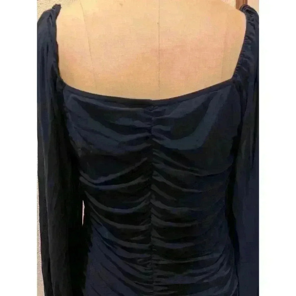 Fashion Square Neck Long Sleeve Ruched Bodycon Dress Blue Size XL - Picture 8 of 12